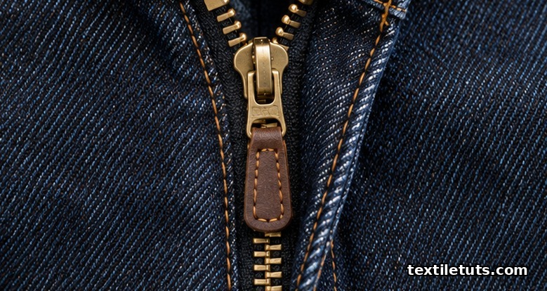 Brass metal zipper stitched into the fly of indigo raw denim jeans with golden-orange topstitching and a leather pull tab.